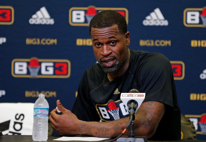 Stephen Jackson speaking to the media at a Big3 event.