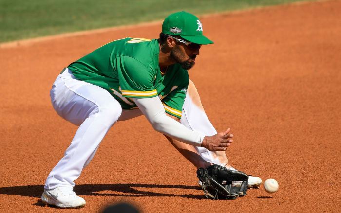 Marcus Semien fields a ground ball for the Oakland As.