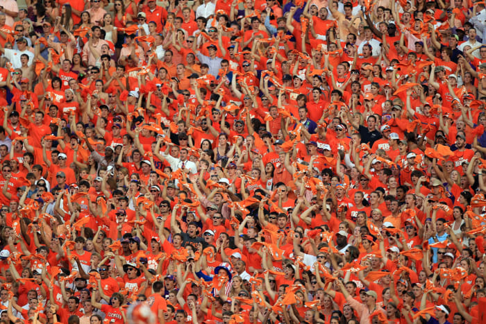 A view of Clemson fans cheering.