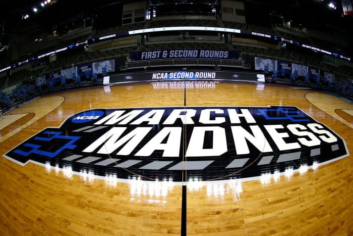 A general view of the NCAA March Madness logo on center court