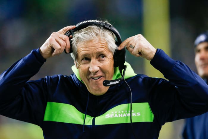 A closeup of Seattle Seahawks coach Pete Carroll.