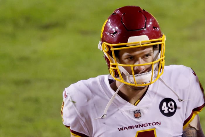 Washington Football Team quarterback Taylor Heinicke on the field.