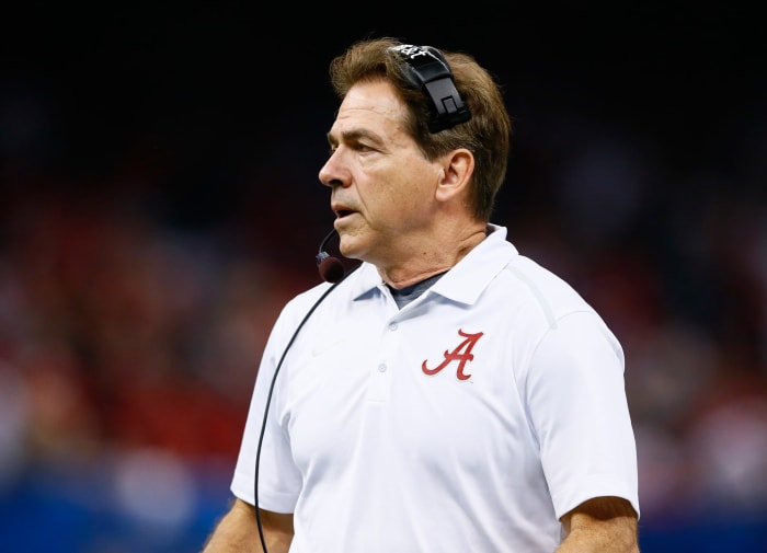 Head coach Nick Saban of the Alabama Crimson Tide looks on in the first half against the Ohio State Buckeyes.