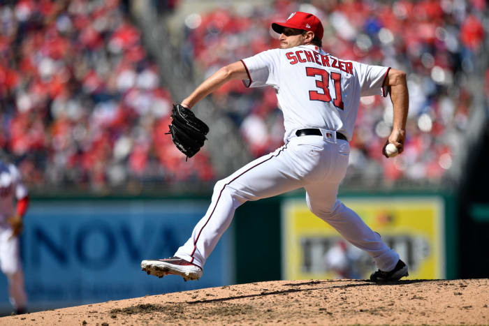 Nationals pitcher Max Scherzer throwing a pitch.