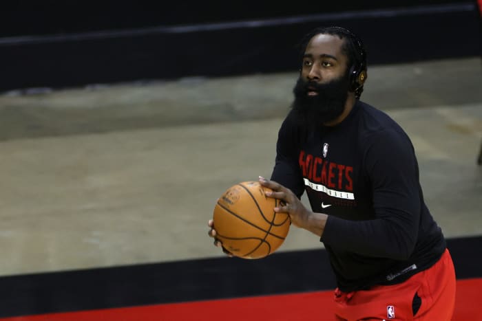 Houston Rockets guard James Harden on the floor.