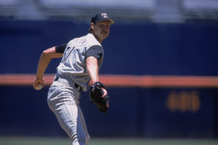 Randy Johnson throws a pitch for the Arizona Diamondbacks.