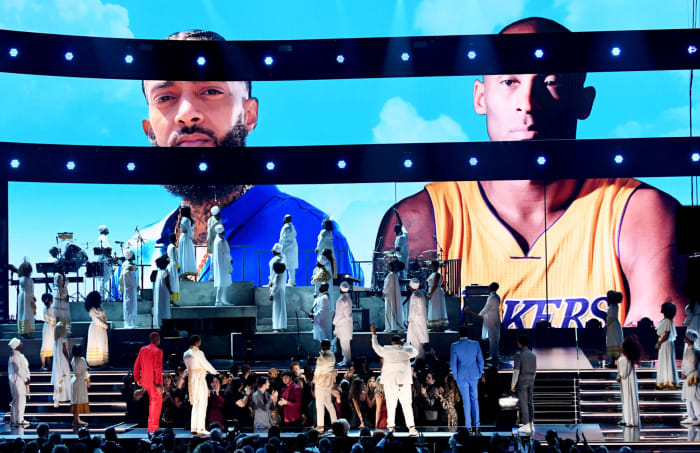 Meek Mill and others pay tribute to Kobe Bryant and Nipsey Hussle at the Grammy awards.