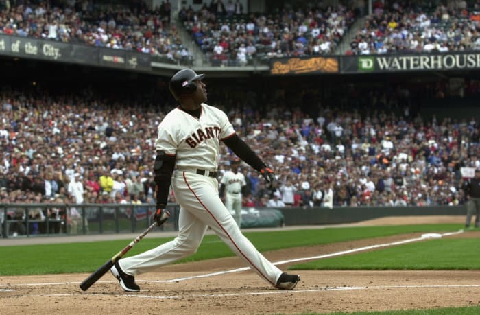 Barry Bonds hitting a home run.