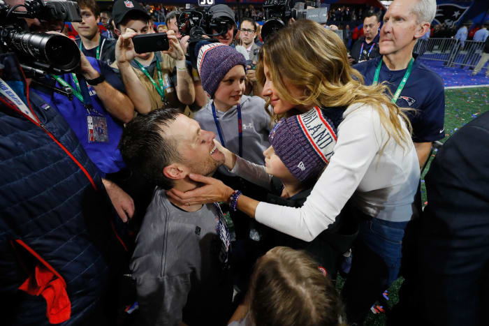 Gisele congratulates Tom Brady after the Super Bowl.