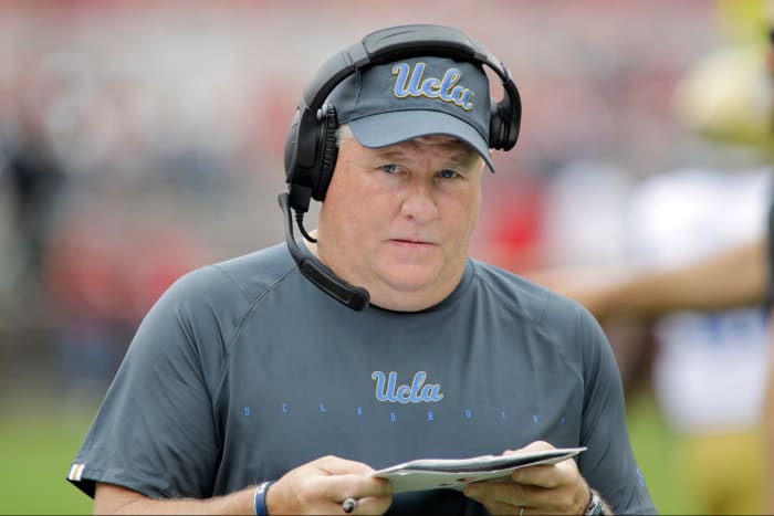 A closeup of Chip Kelly during a UCLA football game.