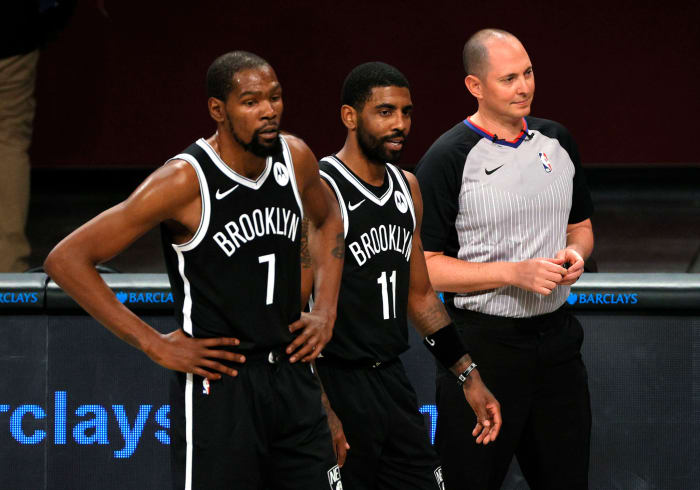 NBA stars Kevin Durant and Kyrie Irving take the court for the Brooklyn Nets.