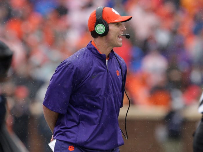 Defensive Coordinator Brent Venables of the Clemson Tigers calls out a play