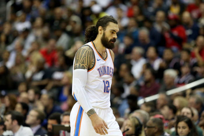 Steven Adams walking off the court.