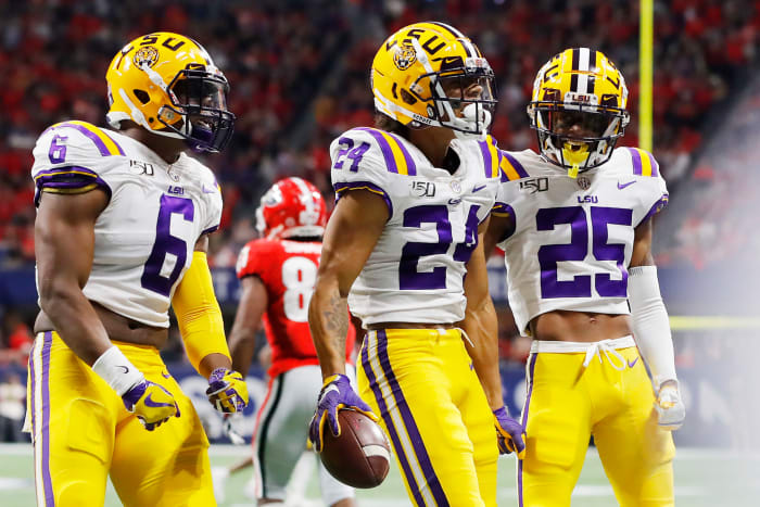 Derek Stingley celebrates an interception.