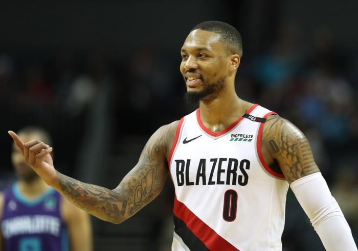 A closeup of Portland Trail Blazers star Damian Lillard during a game.