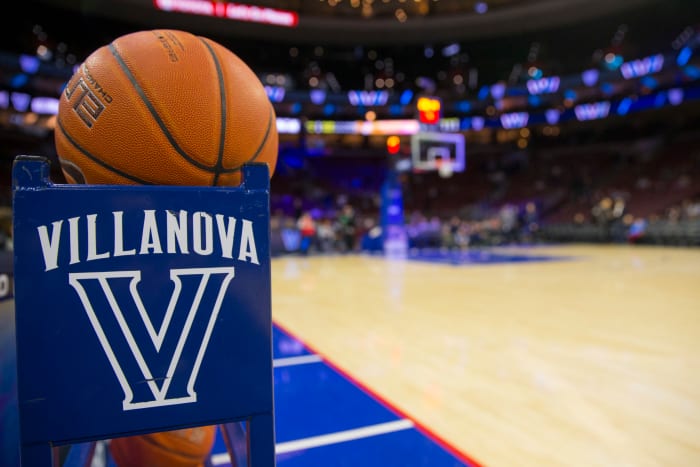A closeup of a Villanova ball rack.