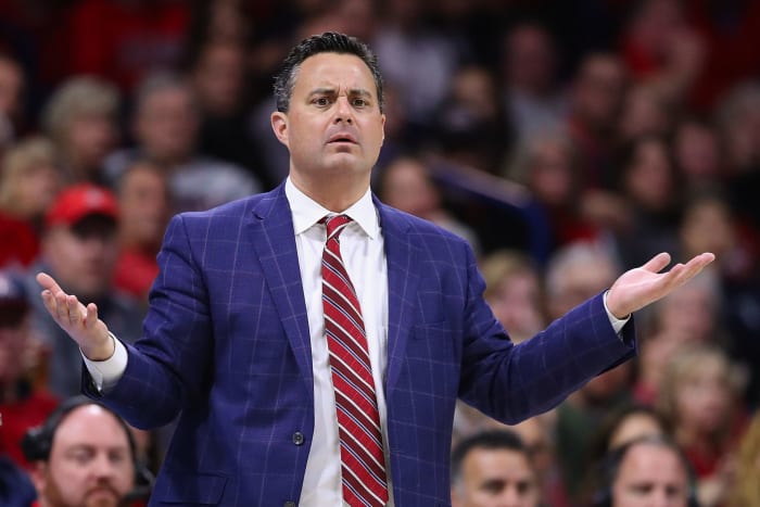 Arizona basketball coach Sean Miller reacting to a call during a game.