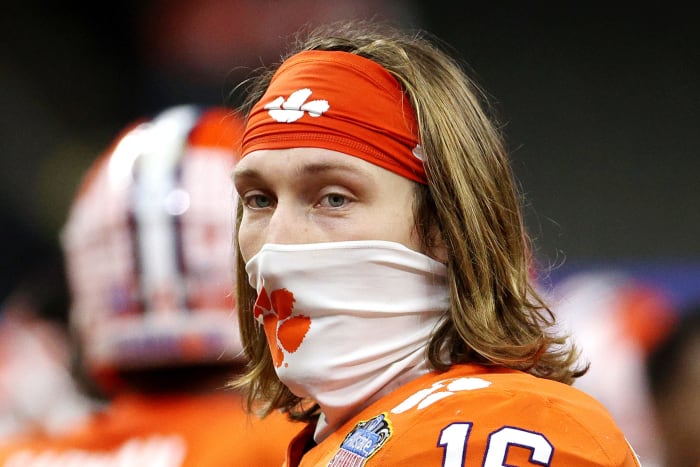 Trevor Lawrence wearing a mask on his face during the Sugar Bowl.