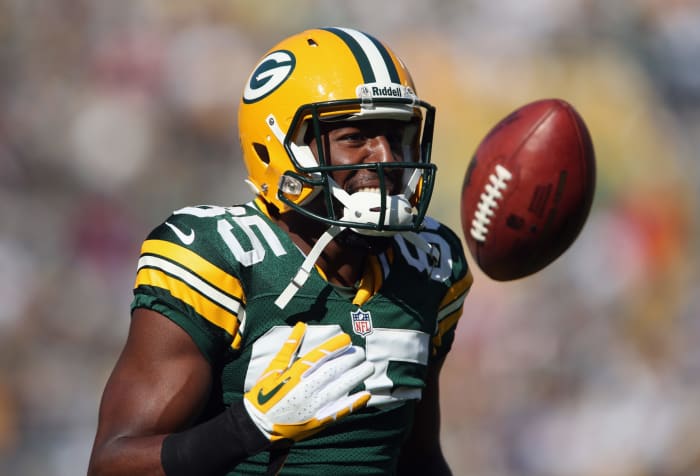 A closeup of Greg Jennings on the field for the Green Bay Packers.