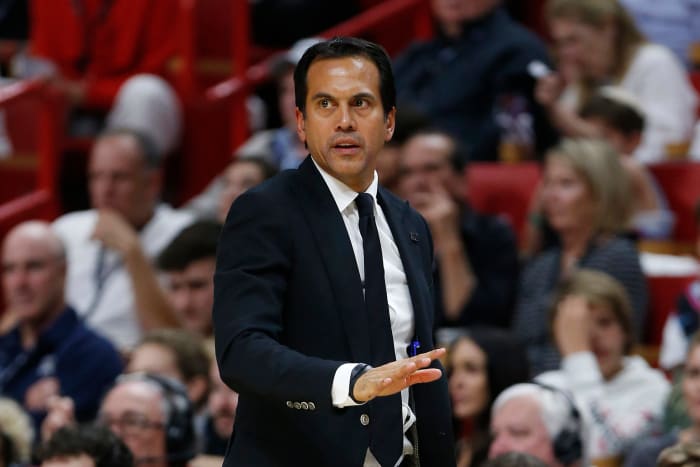 A closeup of Erik Spoelstra during a Heat game.