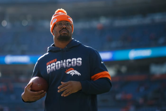 Von Miller on the field for the Broncos.