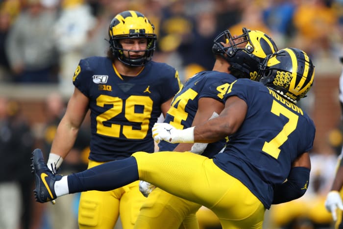 Cam MgGrone of the Michigan Wolverines celebrates.