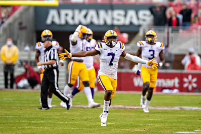 JaCoby Stevens celebrates a blocked field goal.