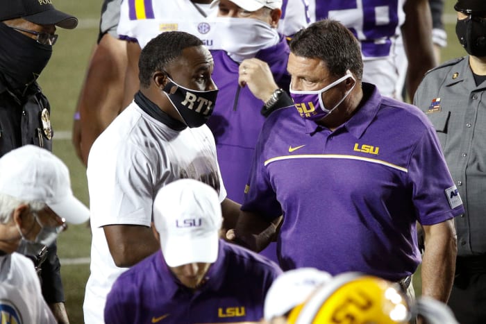 Vanderbilt football coach Derek Mason and LSU football's Ed Orgeron.
