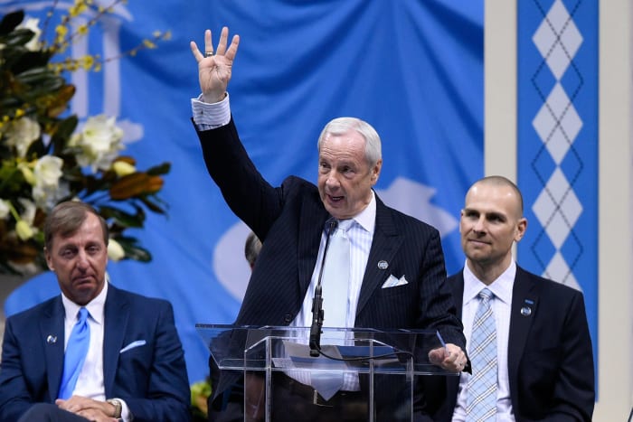 Roy Williams speaking at a memorial service for Dean Smith.
