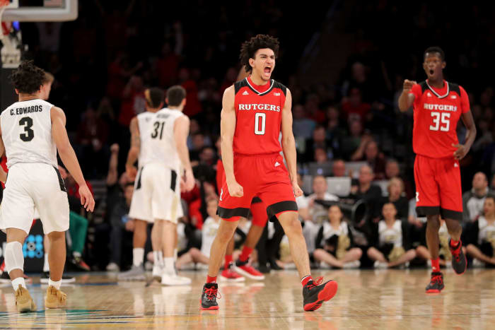 Geo Baker #0 of the Rutgers Scarlet Knights celebrates
