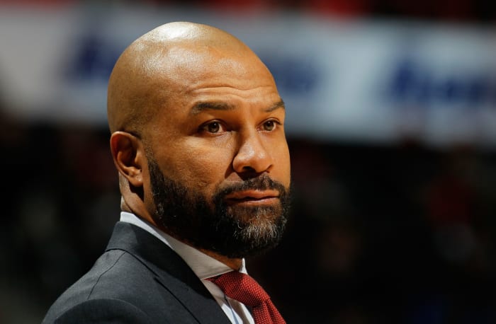 A closeup of Derek Fisher during a game he's coaching.