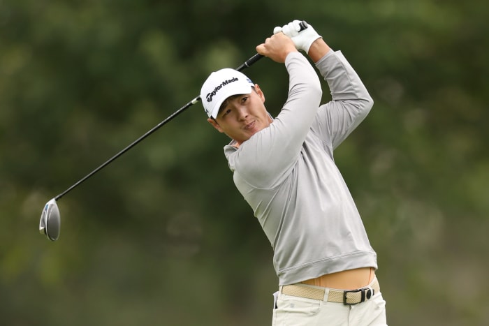 Golfer Danny Lee swings a club during the U.S. Open.