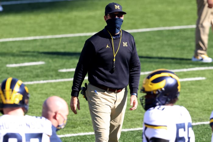 Michigan head football coach Jim Harbaugh against Indiana.