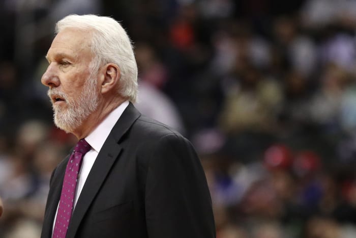 A closeup of Greg Popovich during a Spurs game.
