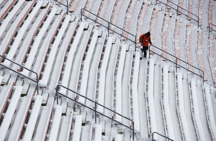 Snow in the Cleveland Browns stadium.