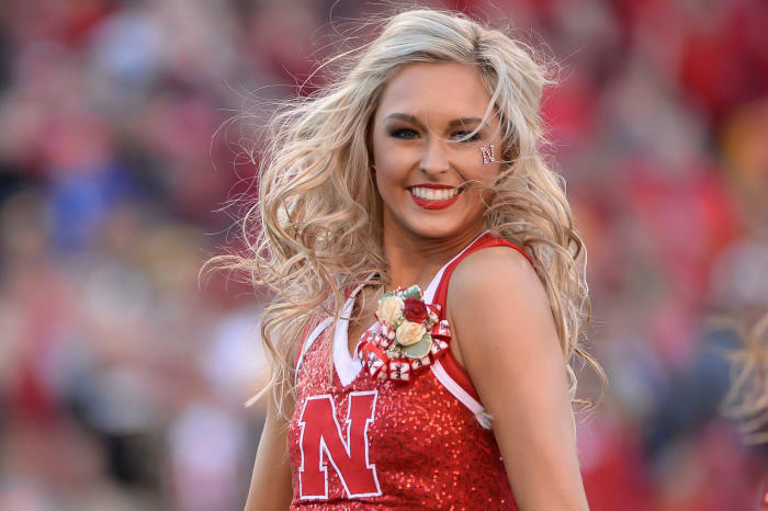 A Nebraska cheerleader ahead of the team's game against Iowa.