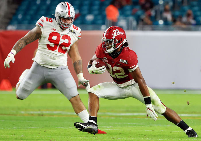 Ohio State's Haskell Garrett looks to tackle Alabama RB Najee Harris.
