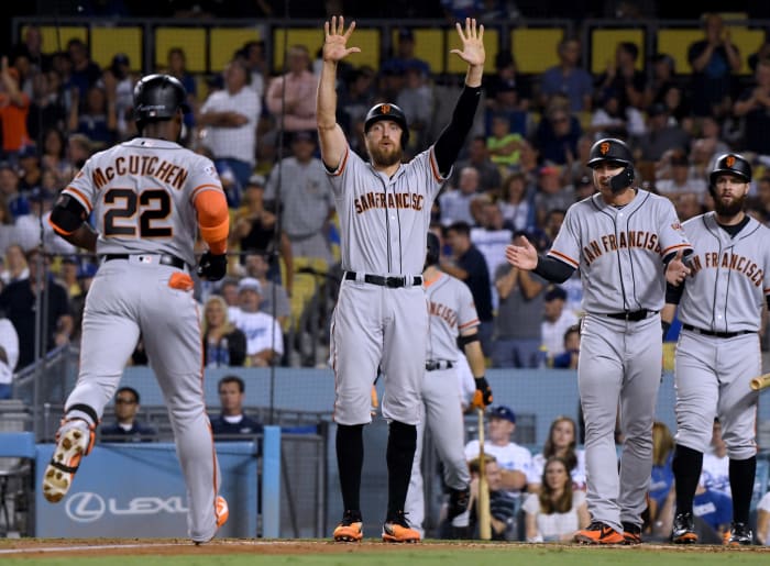 Hunter Pence celebrates a play.