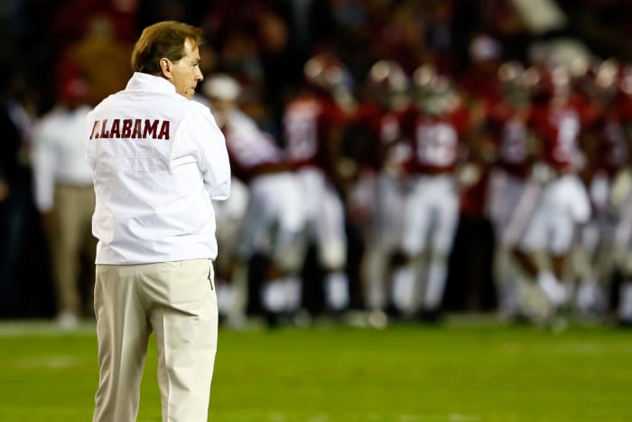 Head coach Nick Saban of the Alabama Crimson Tide walks on the field prior to the Iron Bowl against the Auburn Tigers at Bryant-Denny Stadium.