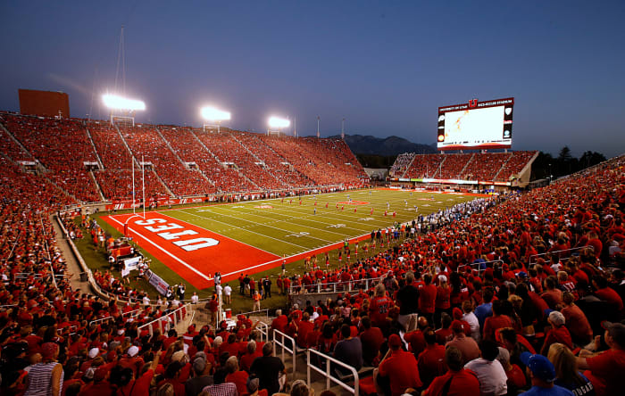 A general view of a Utah football stadium during a night game.