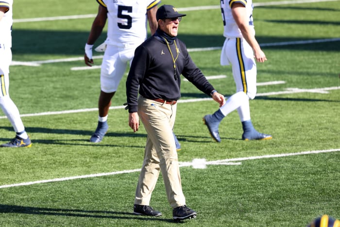 Michigan Wolverines head coach Jim Harbaugh on Saturday.