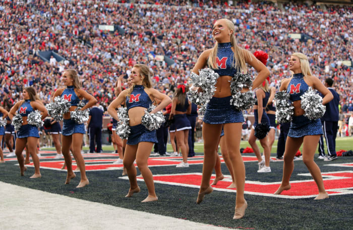 Ole Miss' cheerleaders dancing in the end zone.