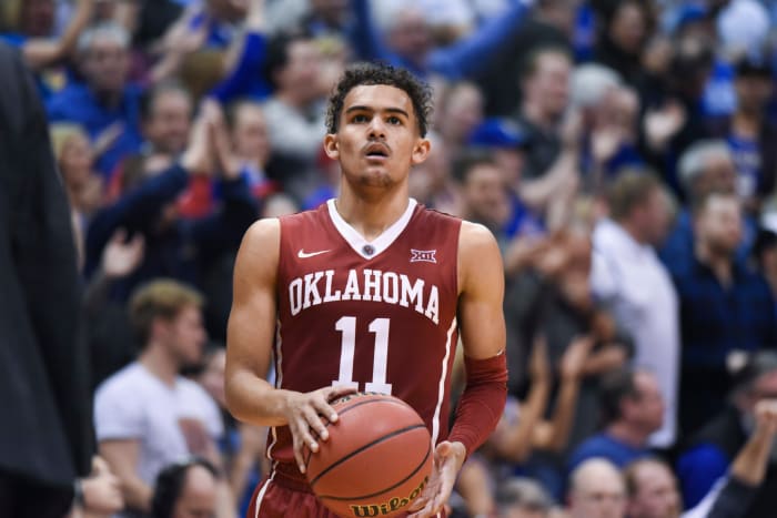 A closeup of Trae Young in an Oklahoma uniform.