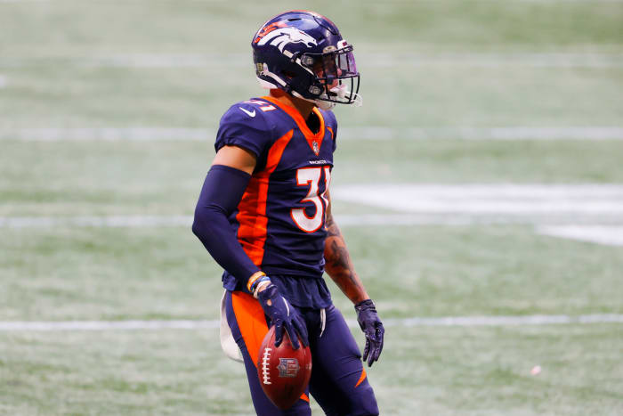Justin Simmons celebrates an interception.