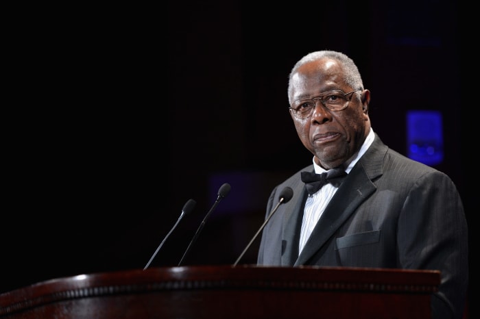 Hank Aaron speaking at the Jackie Robinson Foundation annual awards dinner.