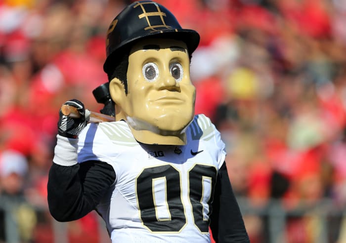 A closeup of Purdue's mascot at a football game.