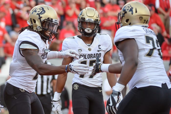 Will Sherman of the Colorado Buffaloes celebrates.