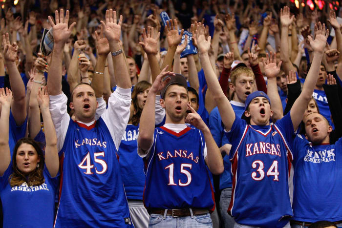 Kansas basketball fans during a Jayhawks home game.