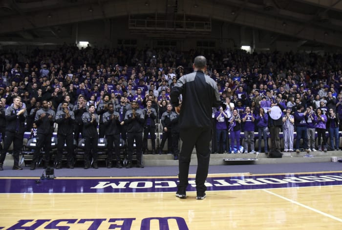 Head coach Chris Collins of the Northwestern Wildcats talks to his team after being selected to play Vanderbilt.