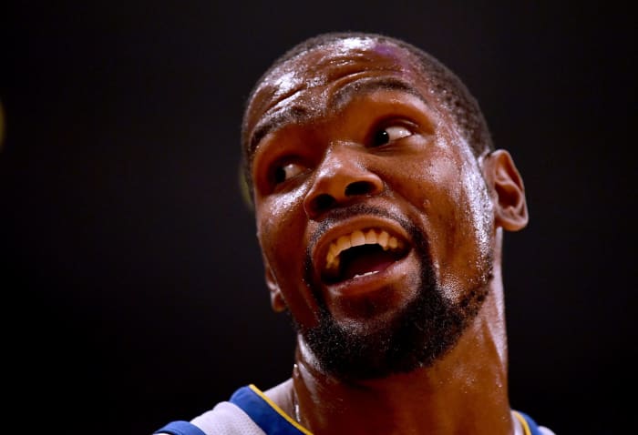 An extreme closeup of Kevin Durant's face.